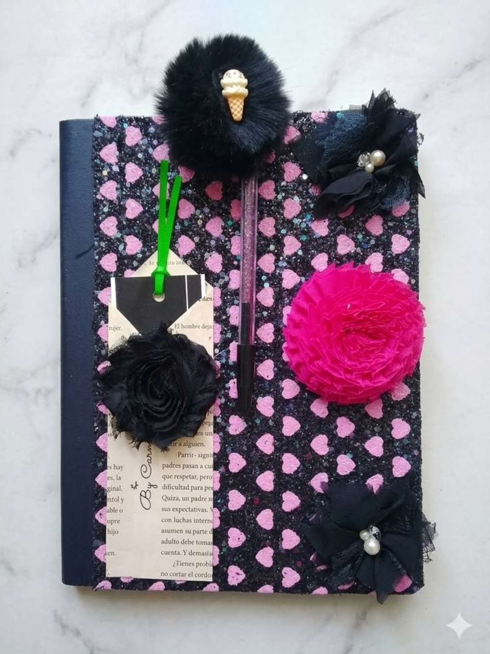 Pink Heart Notebook Cover with Black Floral Accents Includes Pen And Bookmarks